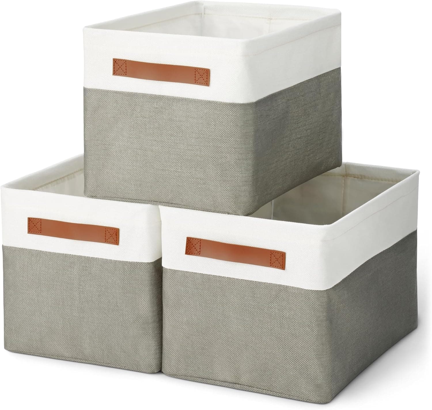 Amazon Basics Caixas de armazenamento dobráveis com alças de couro, cor de carvão, grande, pacote de 3