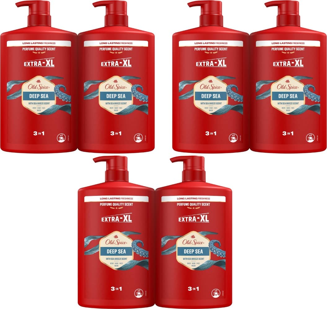 Old Spice Deep Sea Gel de duche e champô para homens 2 x 1000 ml, gel para rosto, corpo e cabelo 3 em 1 multifunções, frescura duradoura, fragrância excecional, limpeza profunda