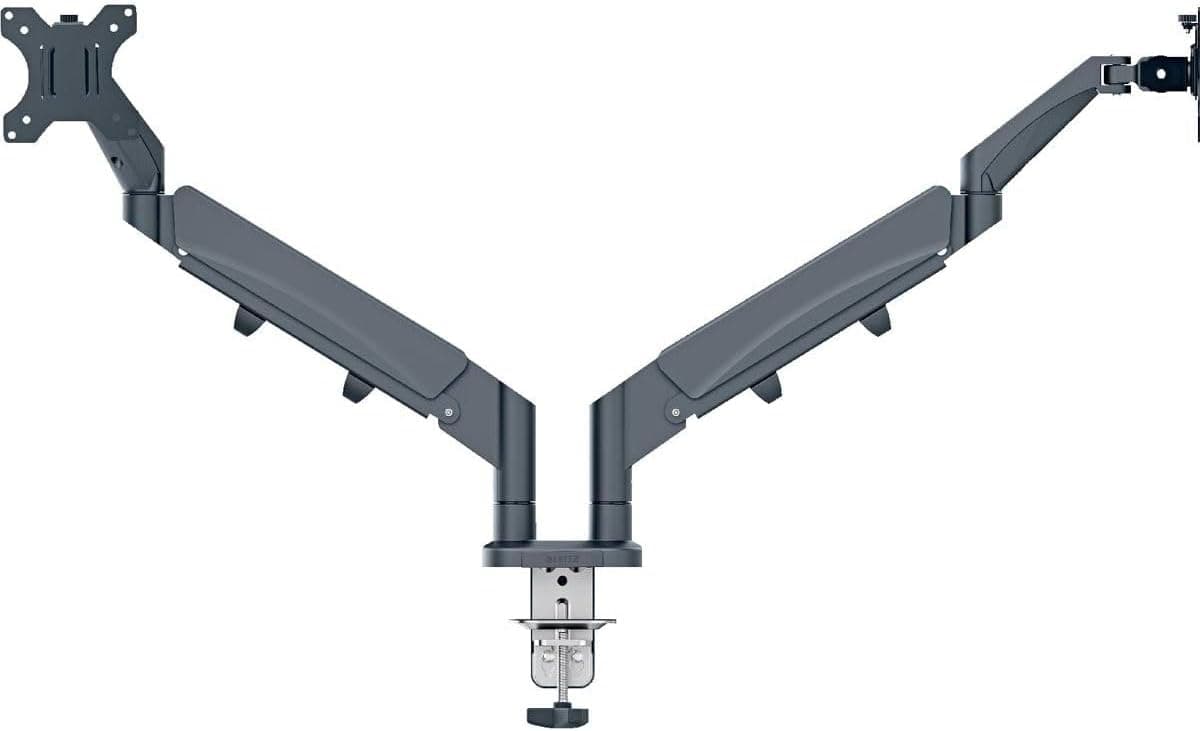 Leitz 65370089, Suporte duplo Ergo para monitor, com certificação TÜV e IGR, braços dobráveis versáteis, braço duplo cor cinzento escuro para dois monitores de até 32", veludo cinzento