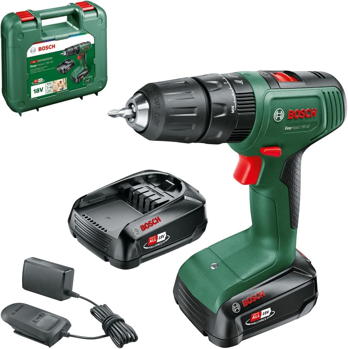 Bosch Home and Garden berbequim de percussão a bateria EasyImpact 18 V - 40 (2 baterias de 2,0 Ah, sistema de 18 V, em mala de transporte)