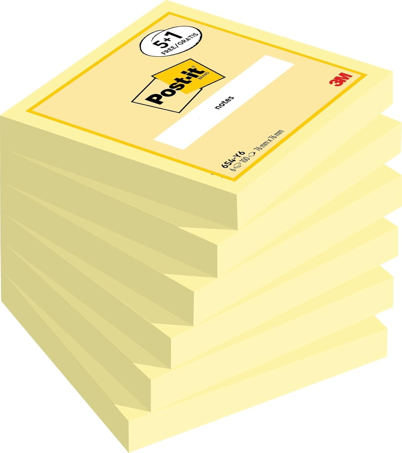 Post-It Notas Canary Yellow, embalagem de 5 + 1, 100 folhas por bloco, 76 x 76 mm, cor amarela, notas adesivas para listas de tarefas e recordatórios