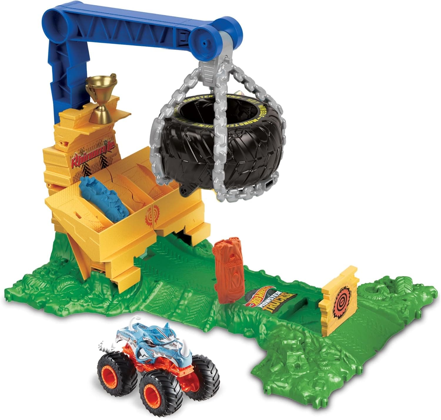 Hot Wheels Monster Trucks Arena Smashers Reto de Rhinomite pista para carros de brinquedo com 1 veículo, obstáculo e 2 carros esmagados, 3 anos (HTP18)