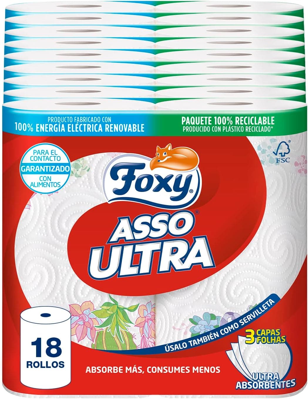 Foxy Asso Ultra | Rolo de cozinha absorvente em 3 camadas com design, 18 unidades