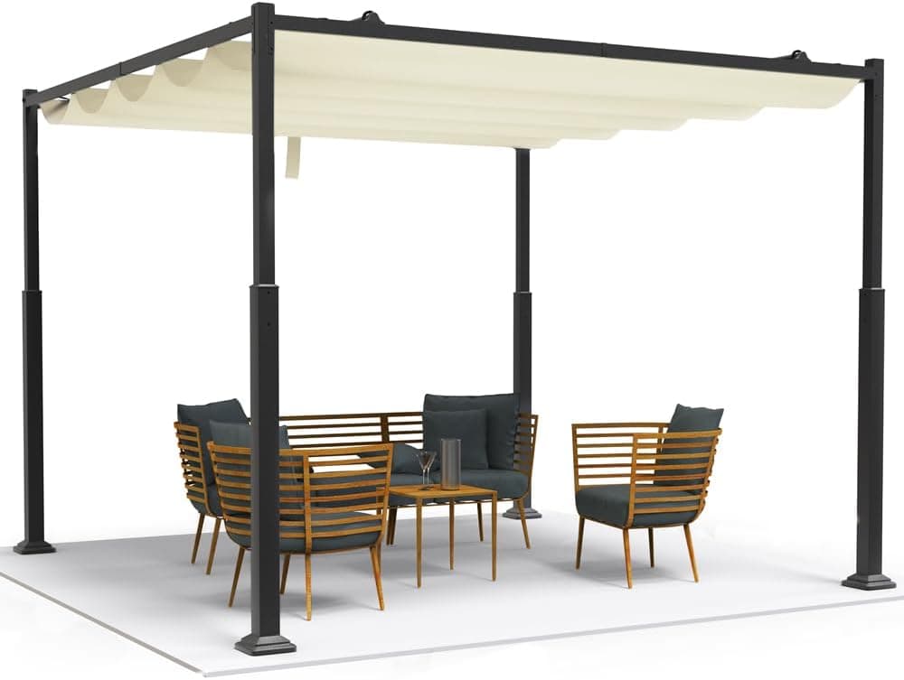 VOUNOT Pergola autoportante com teto retro, 3 x 3 m, tenda canteiro estrutura metálica, lona, correr em poliéster, 180 g/m², refúgio pavilhão de jardim, design elegante para terraço, pátio exterior