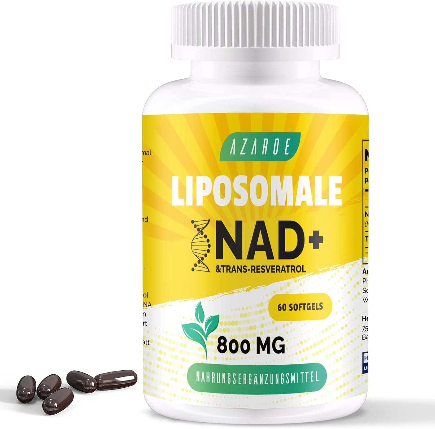 Nad lipossomal e Trans-Resveratrol 800 mg cápsulas macias, alternativa ao NMN mais eficiente que o NMN, alta absorção, suplemento real de Nad para reparação de células, 60 unidades