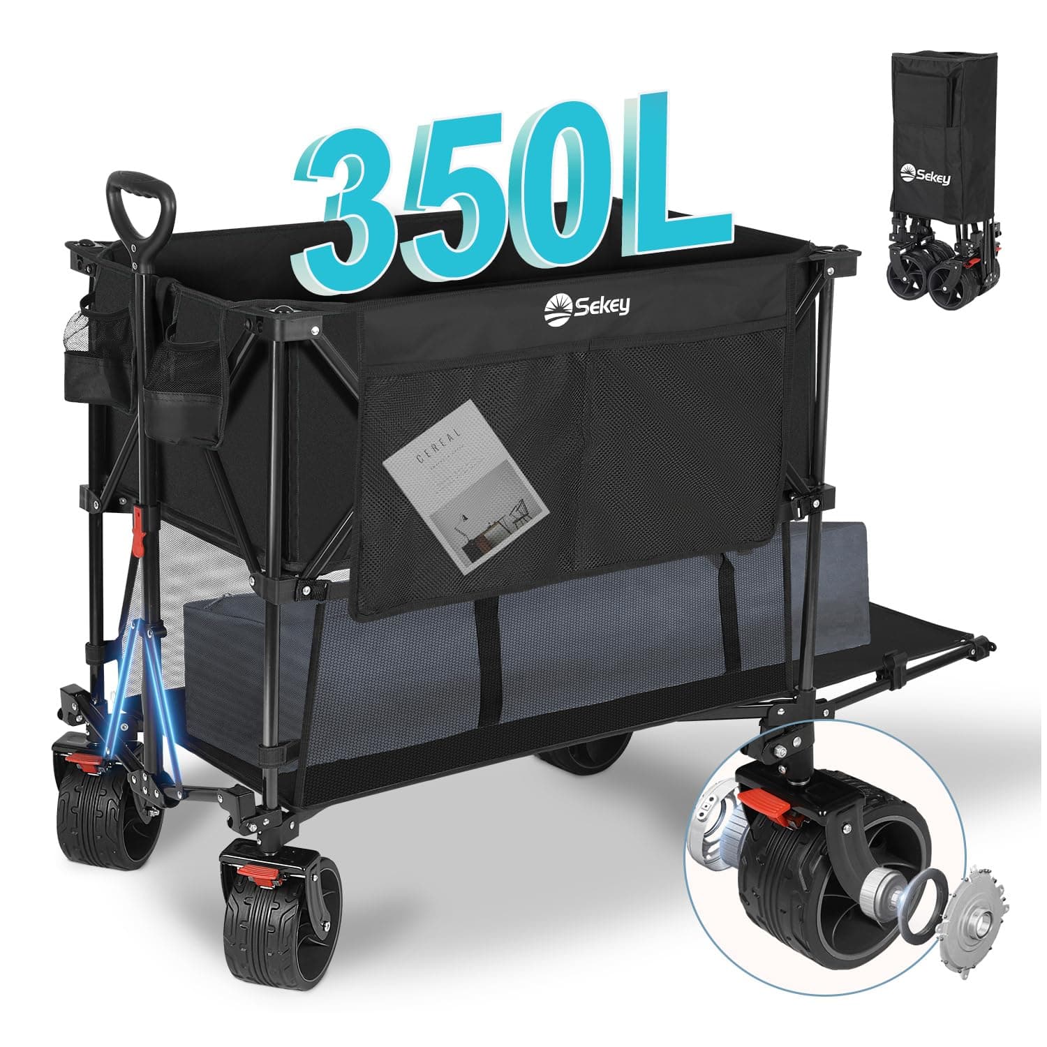 Sekey SE4021 | Carrinho de jardim dobrável 350 L com rodas grandes e travão