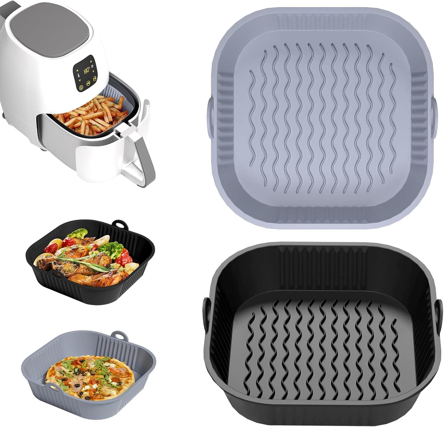 Diboniur Molde de silicone fritadeira de ar 5-8 L, 2 peças, 21 cm, bandeja de recipientes, para fritadeira sem óleo, reutilizável molde de silicone quadrado cesta para ar Fryer, microondas, forno