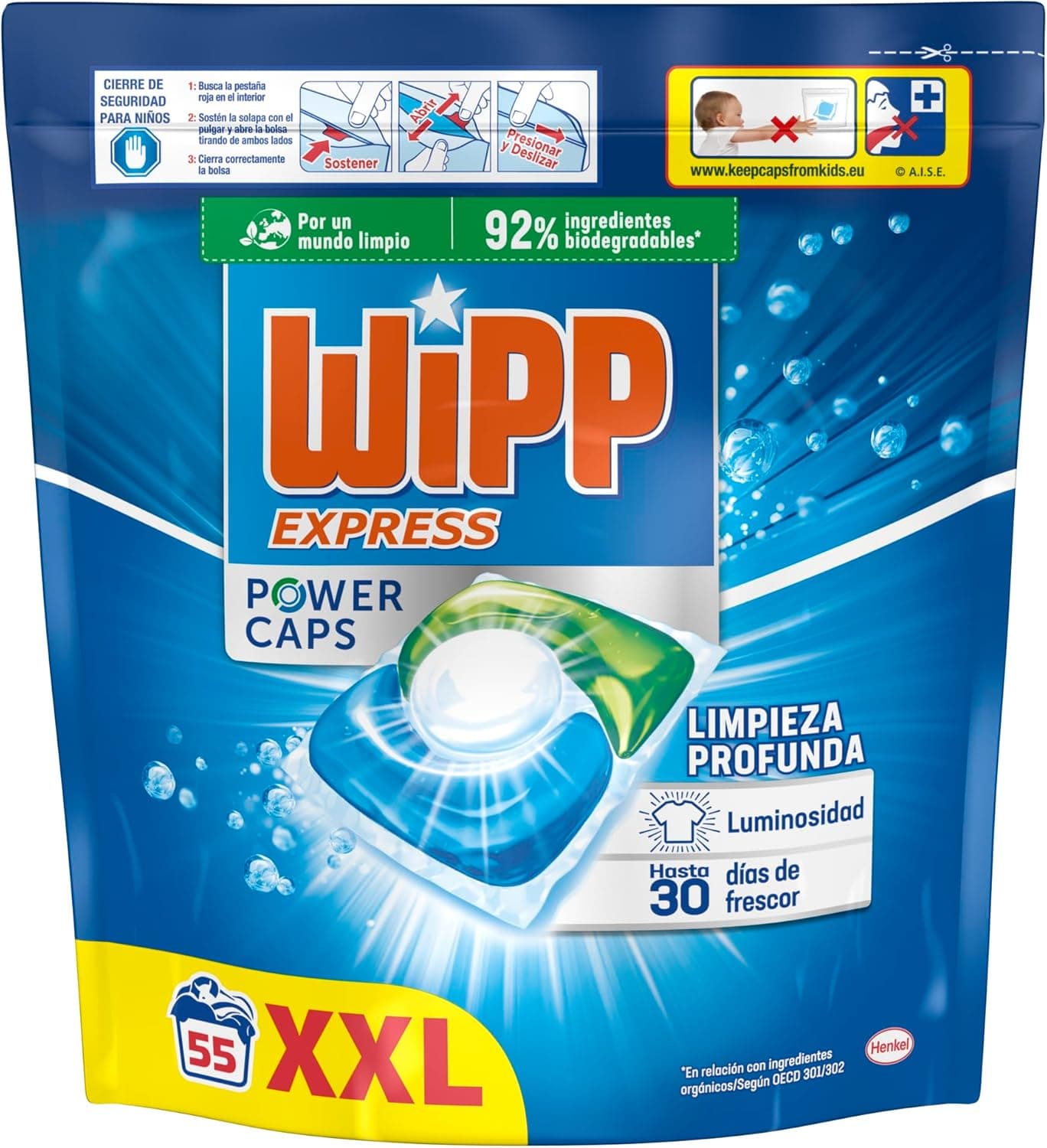 Wipp Express Power Caps Detergente em cápsulas para máquina, 55 doses, limpeza profunda, eficaz em água fria