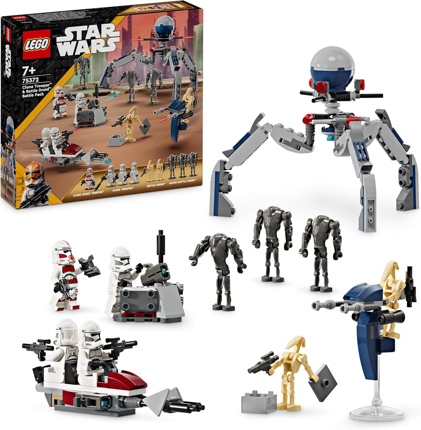 LEGO Star Wars Pack de combate: Soldado Clone e Droide de combate, presente de Páscoa para meninos e meninas de 7 anos ou mais, brinquedo infantil, moto speeder de brinquedo, figura Tri-Droide 75372