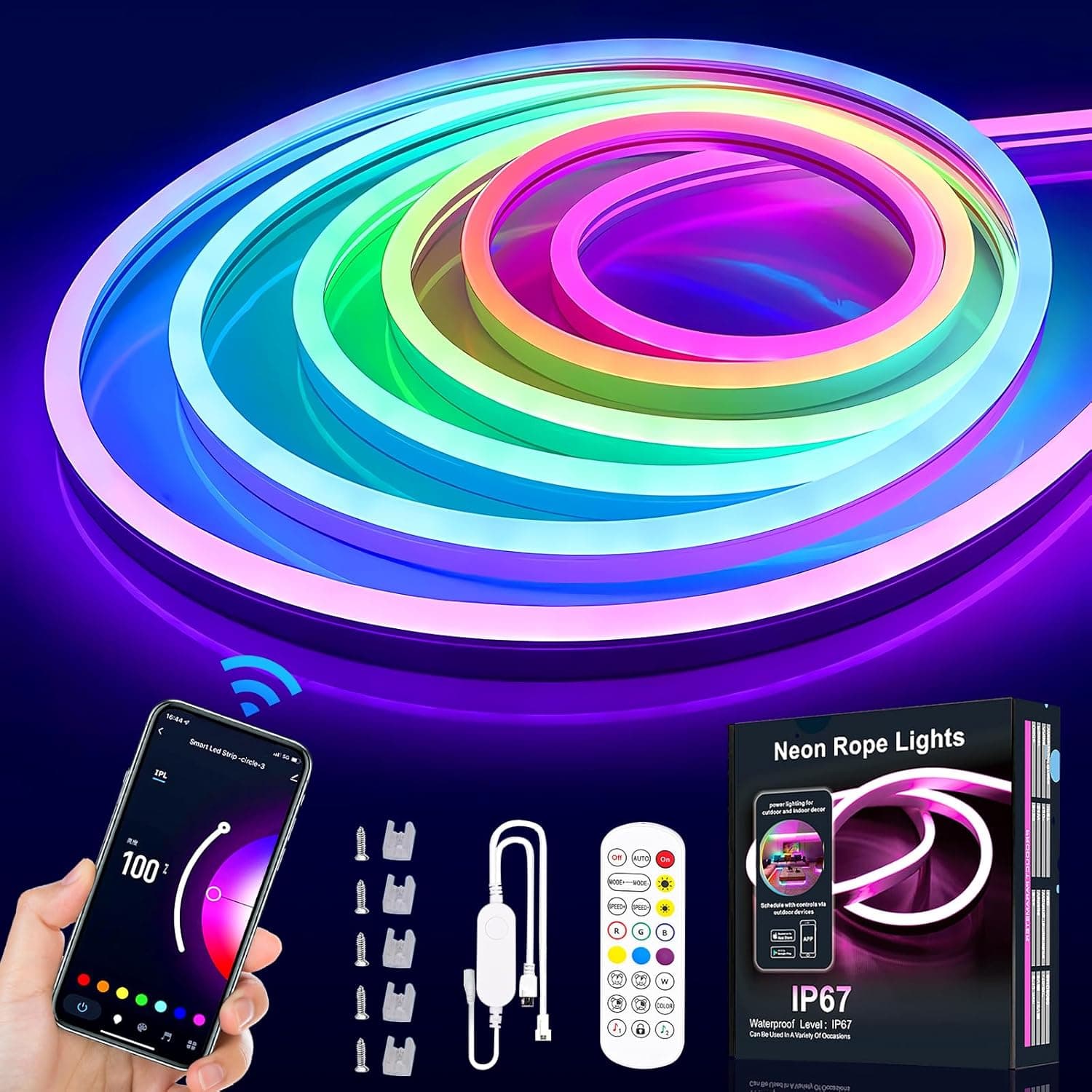 BOOTEEK Neon Tira LED de 3 m, RGBIC faixa LED com temporizador, controlo APP e voz, sincronização de música, 16 milhões de cores, impermeável IP67, faixa LED néon para quarto TV decoração de parede
