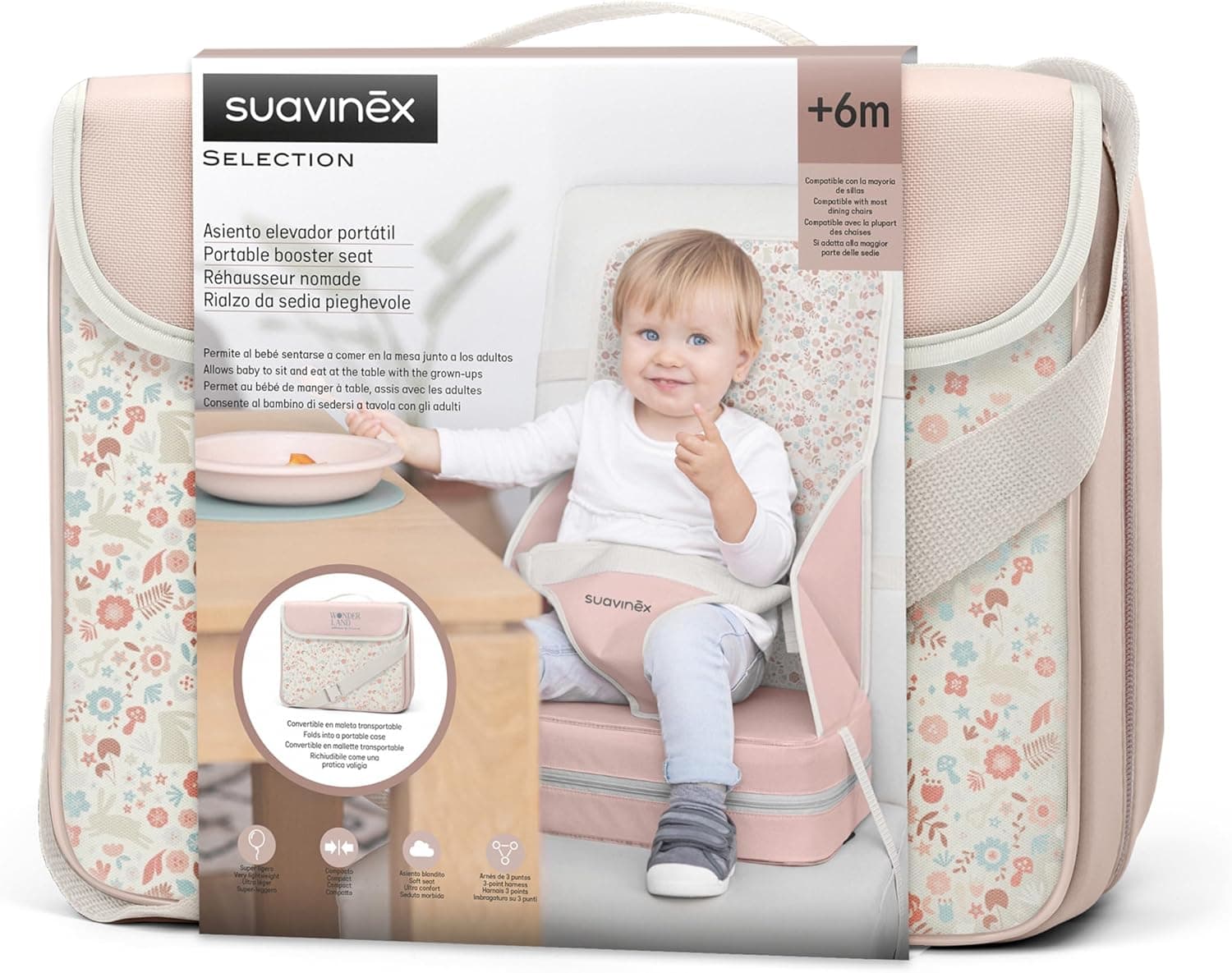 Suavinex, Cadeira alta portátil para bebés + 6 meses, elevador de cadeira para comer, assento elevador universal conversível em saco, fácil de limpar, leve, com arnês, confortável