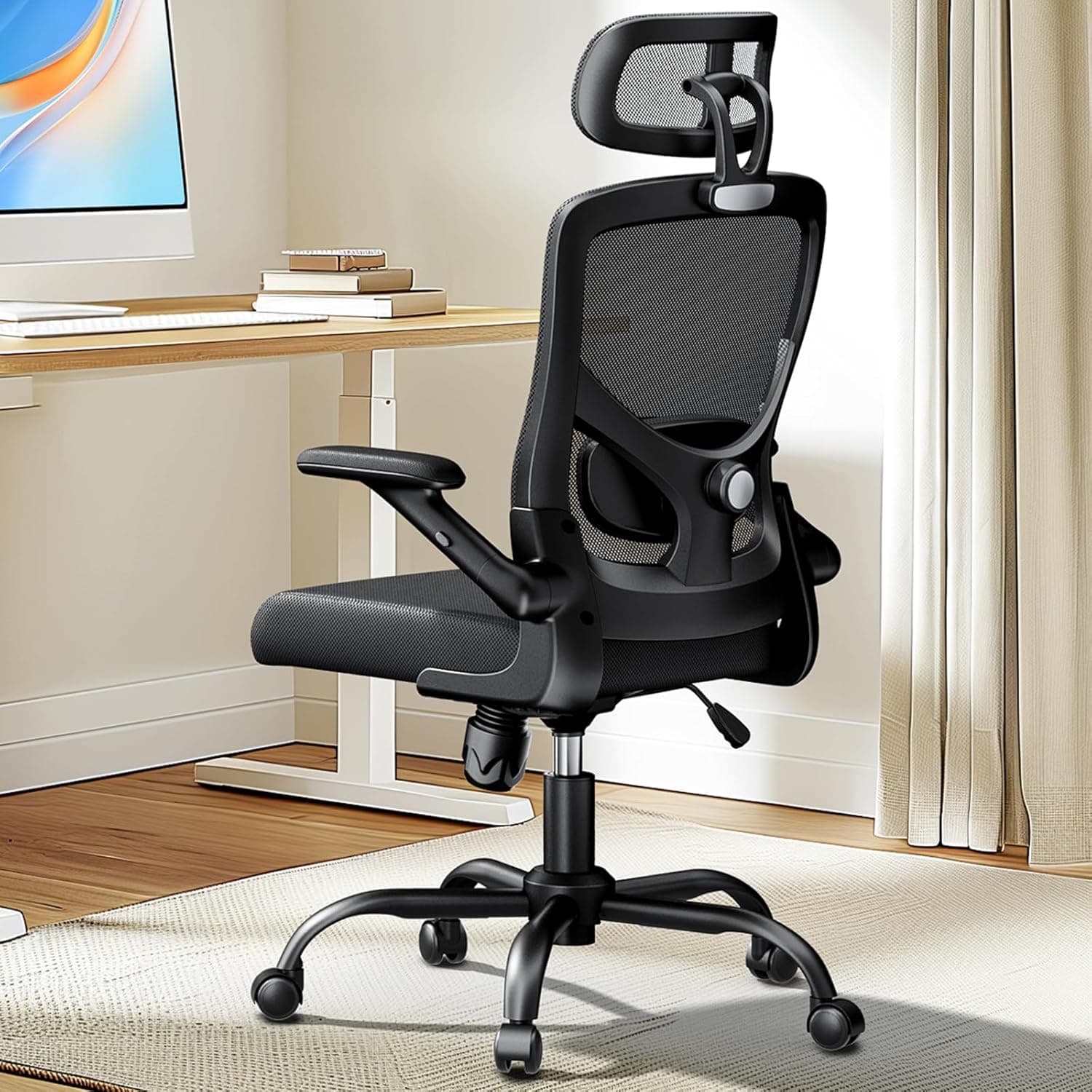 Marsail MSOC12B | Cadeira de escritório ergonómica com suporte lombar ajustável e apoios de cabeça e braços reguláveis