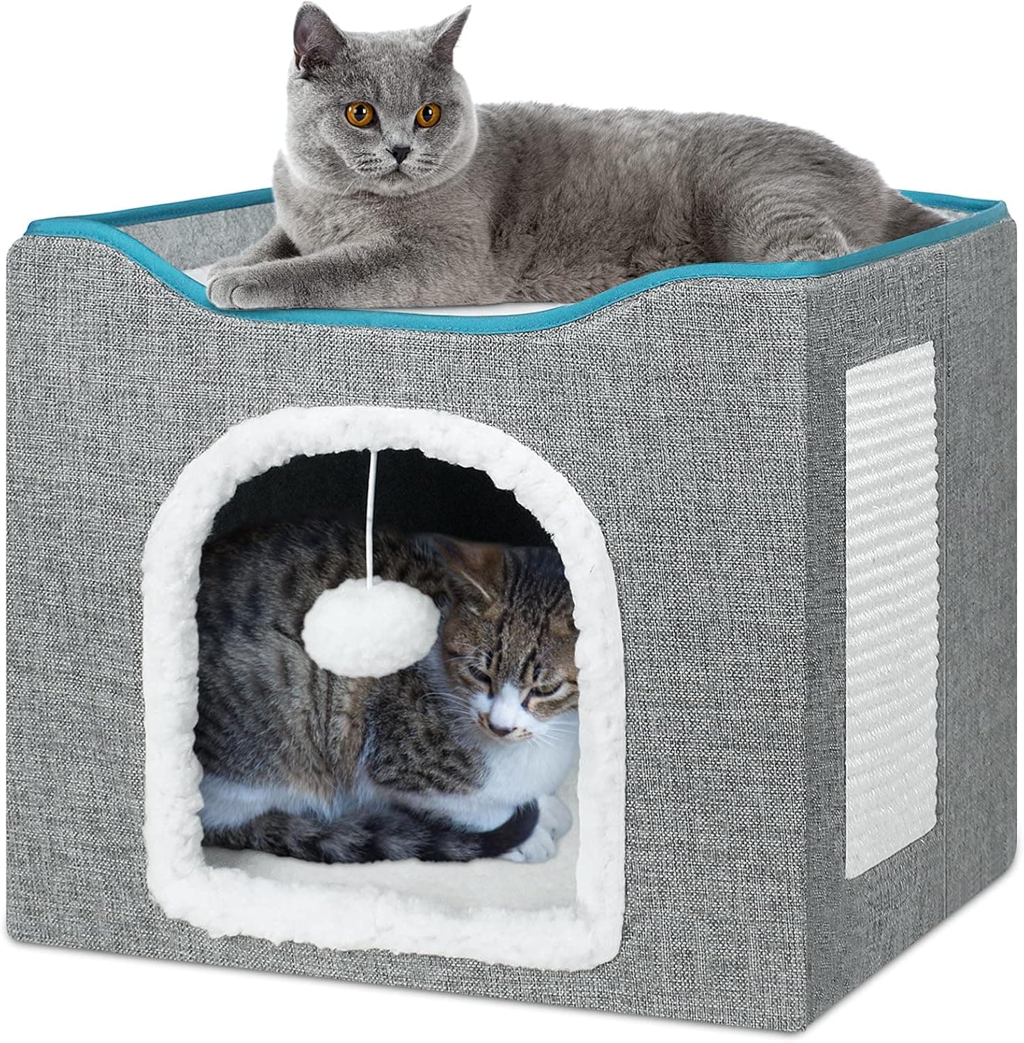 BRIAN & DANY Casa para gatos dobrável e lavável na máquina, cubo de gato com raspador para gatos e bola moída, 40 x 40 x 32 cm, cinzento