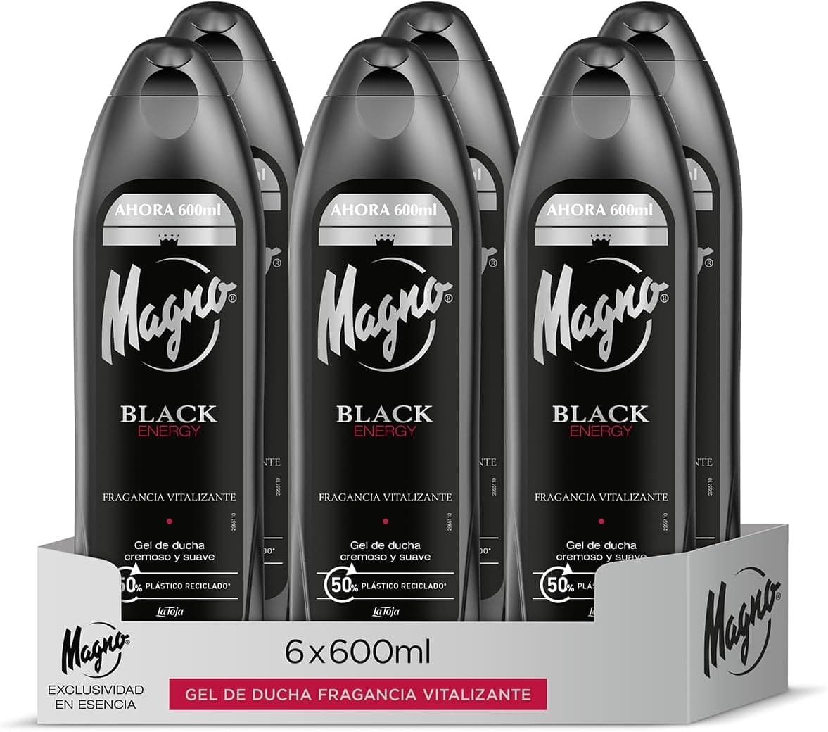 Magno - Gel de duche Black Energy - pacote de 6 de 600 ml (3,600 ml) - fragrância energizante de toques cítricos