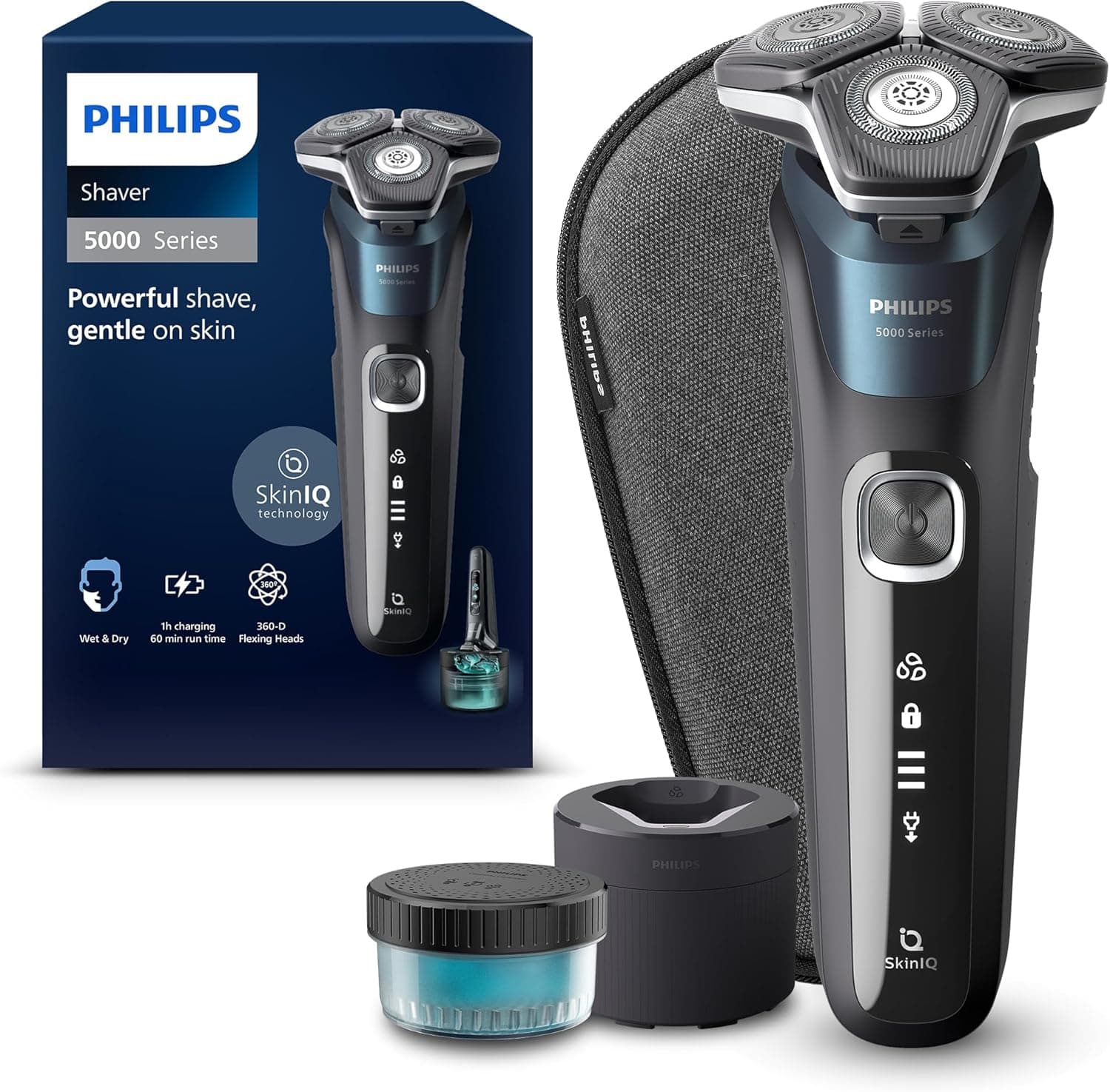 Philips Shaver série 5000, máquina de barbear elétrica Wet & Dry com tecnologia SkinIQ, corta-minas suspensas, estojo de viagem, Quick Clean Pod, azul elétrico, modelo S5889/50