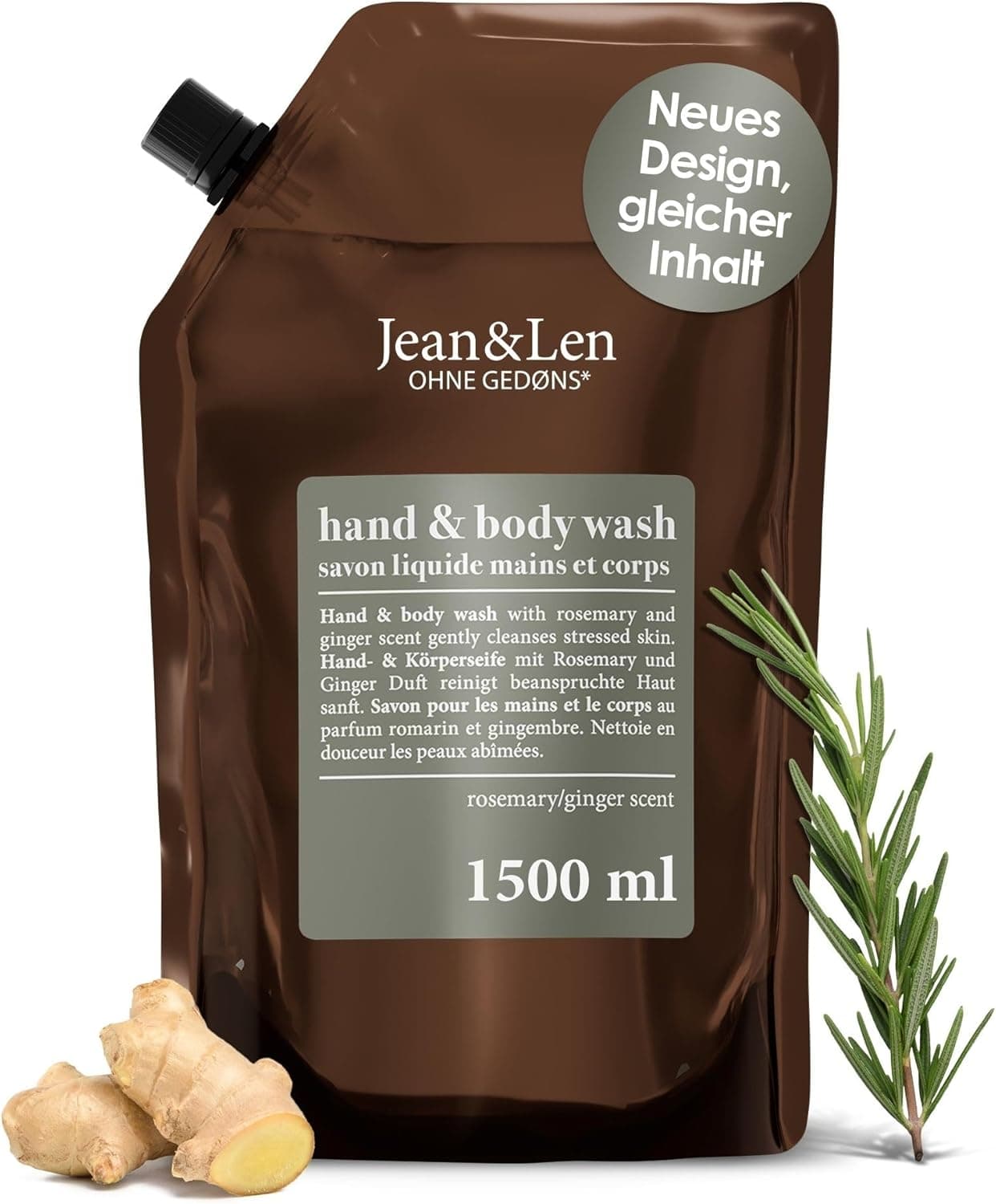 Jean & Len Sabão de mãos de alecrim e gengibre em embalagem de recarga, limpa e cuida da pele, aroma fresco e picante, sabão líquido, sem silicone, parabenos ou microplásticos, 1,5 l