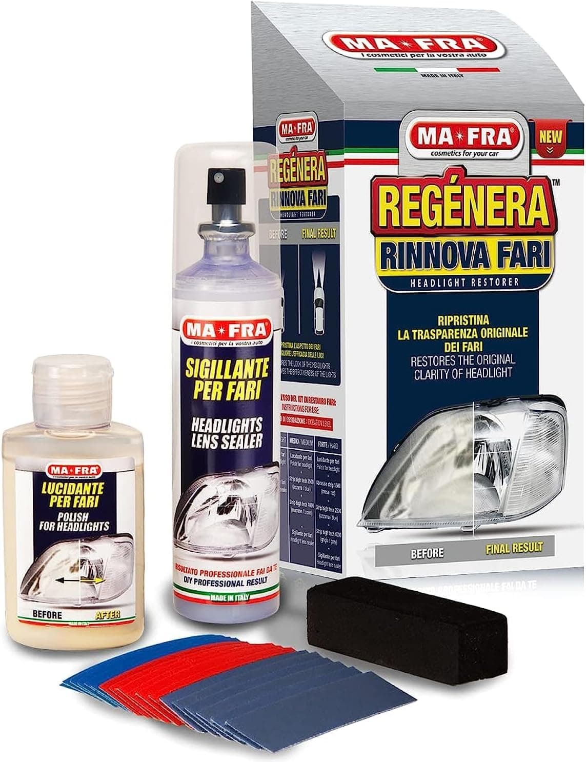 Mafra, Kit Regenerador de faróis de carro, composto por selador, polidor e papéis abrasivos, restaura a aparência original dos faróis do carro e melhora a eficiência da iluminação