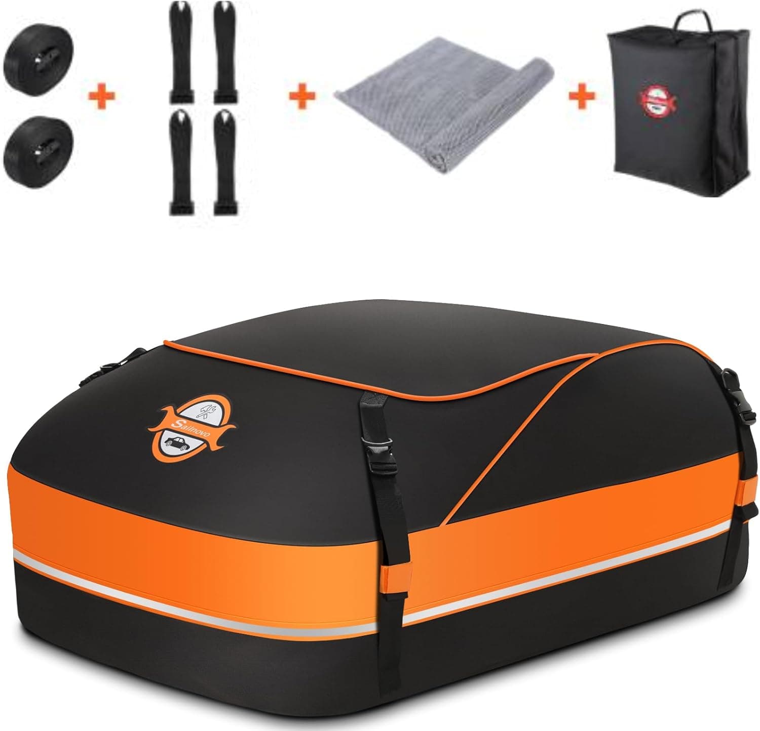 Sailnovo Baú de teto macio 430 L | Impermeável, com tapete antiderrapante, 4 ganchos e saco de transporte para tejadilho de carro – laranja