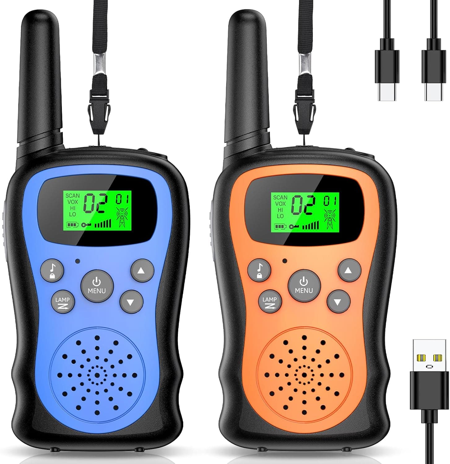 Pakinui | Walkie talkies recarregáveis para crianças com 3 km de alcance, bateria 1000 mAh e lanterna, pack de 2