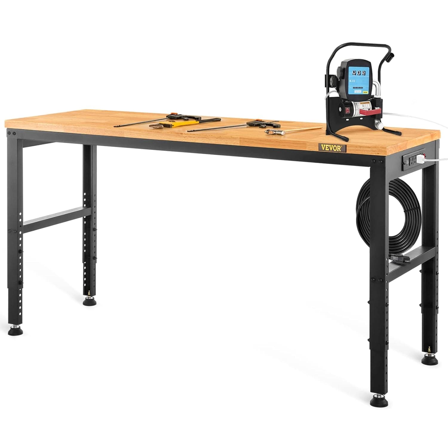VEVOR Banca de trabalho 1220 x 508 mm mesa de oficina altura ajustável 719-968 mm carga de 900 kg com tomada de corrente mesa de madeira moldura de metal almofadas para os pés para escritório, garagem