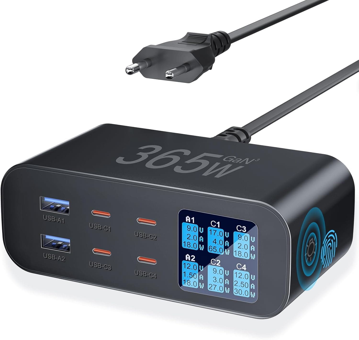 Carregador USB C múltiplo de 365 W com ecrã LED, YSYFAD 6 portas estação de carregamento PD carregamento USBC carregamento rápido carregador USB C 100 W QC USBA para MacBook portáteis e Phone Pad