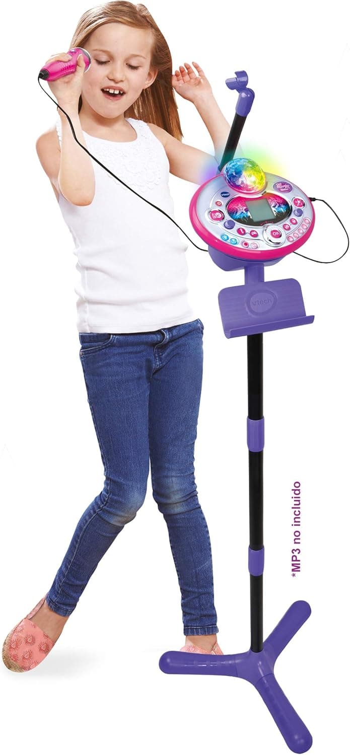 VTech - Kidi SuperStar LightShow, microfone de karaoke interativo 9 em 1, bola de discoteca, aprende a cantar, efeitos de voz e luzes, gravador e jogos musicais
