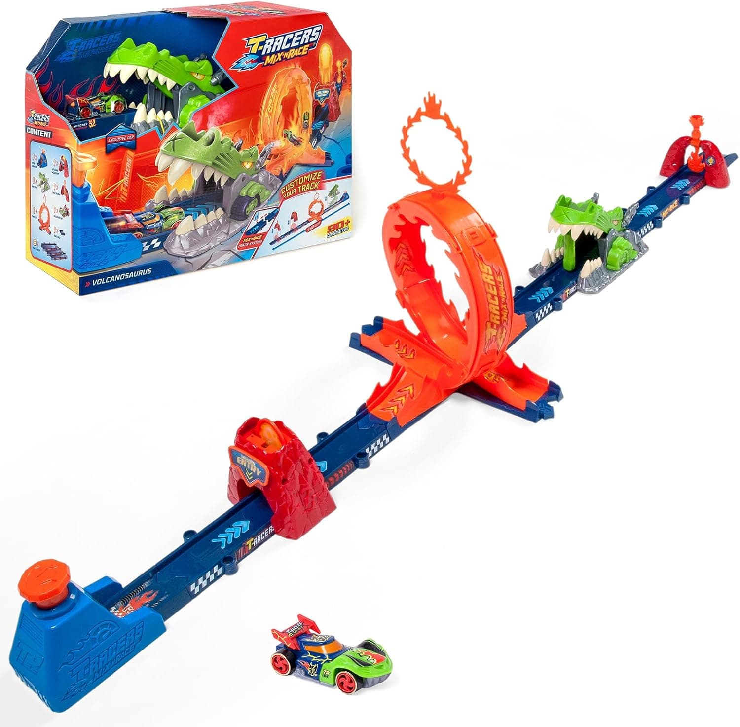 T-Racers Mix 'N Race Volcanosaurus pista para carros de brinquedo, contém 1 gatilho, 3 pistas, 1 carro exclusivo Nitro Rex e 4 Acrobacias