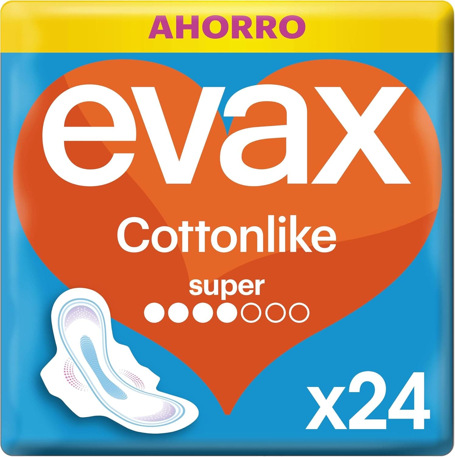 Evax Cottonlike Super compressas com asas, conjunto de 24, proteção durante o dia, absorvem o fluxo repentino, eliminam odores ruins, camada superior extrasuave, 100% limpa e 0% odor
