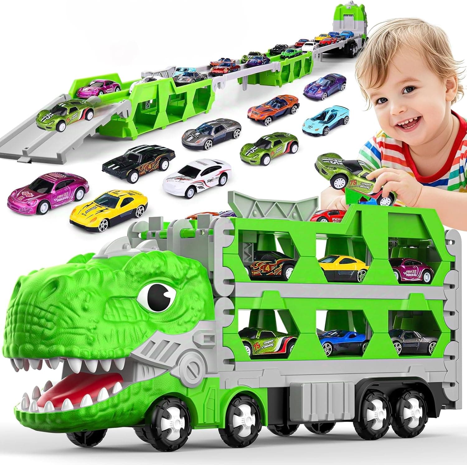 maysida Dino Transporter Truck con 6 coches para niños de 3, 4, 5, 6 y 7 años, camión de transporte de dinosaurios, coche de juguete, plegable, portátil, con pista de carreras de dinosaurios de 170 cm