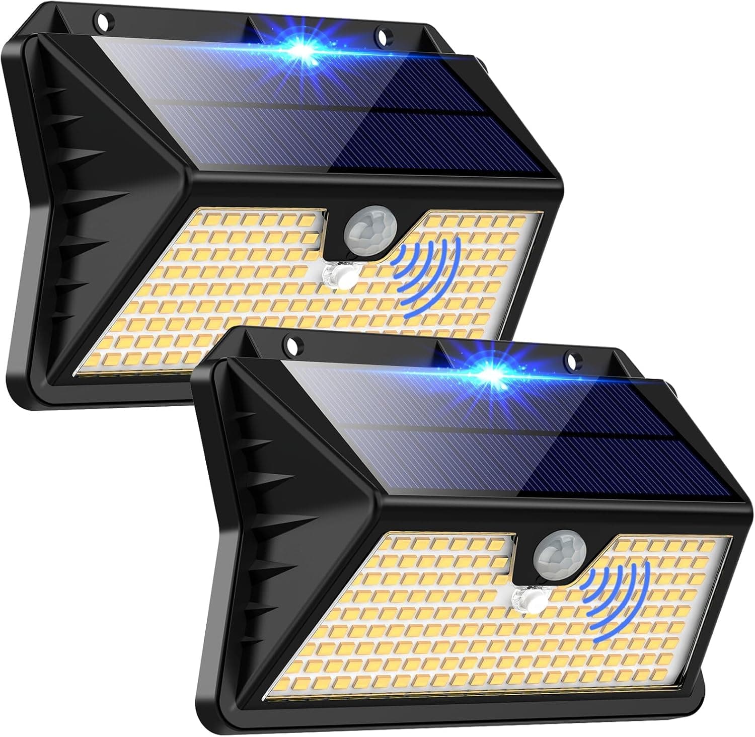 OUILA Luz solar exterior, 185 LED, 3 modos, luzes solares com sensor de jardim de movimento, holofote solar exterior IP65, impermeável para jardim, garagem, rua, pátio, portas, 2 pacotes branco