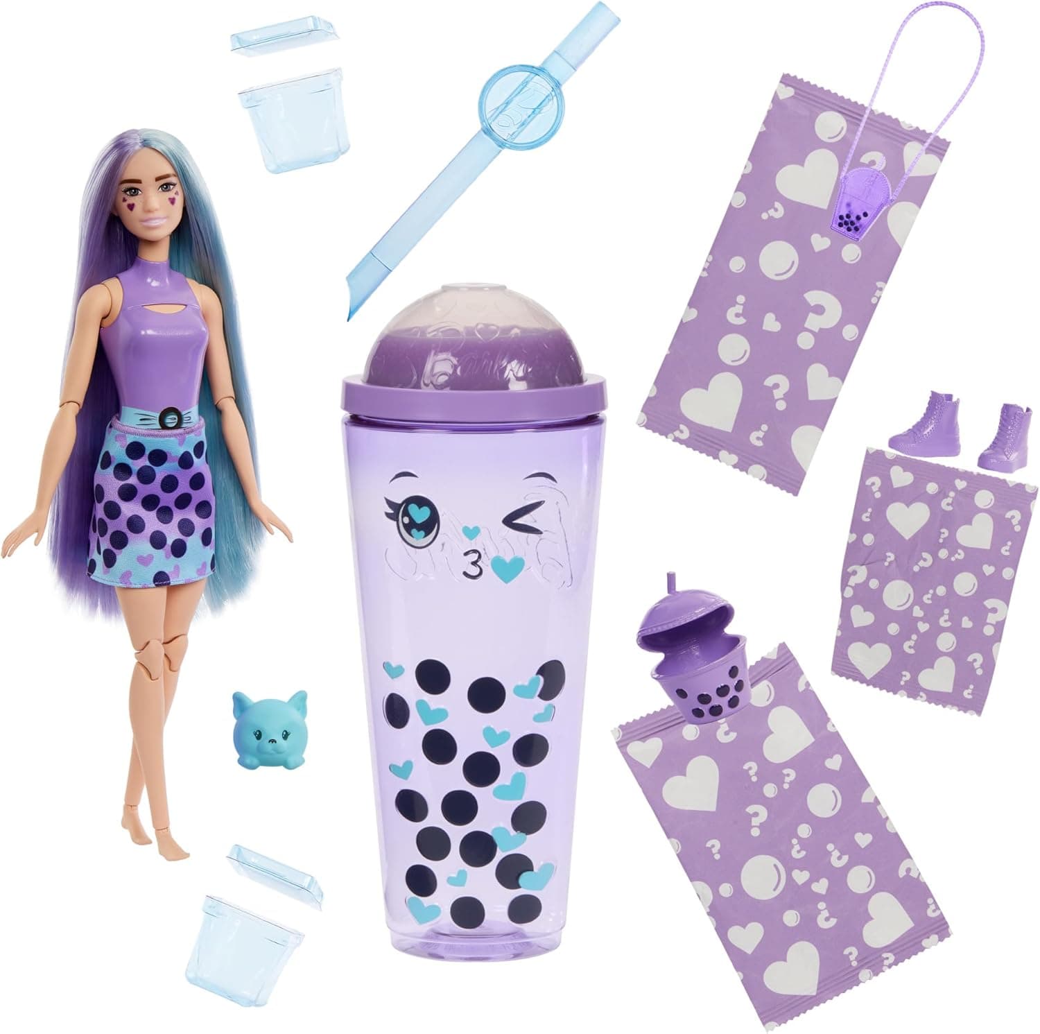 Barbie Pop Reveal boneca com pelo azul e roxo com copo chá de bolhas leite de malanga, com cubos de gelo que revelam roupas, animais de estimação e acessórios surpresa, brinquedo + 3 anos (HTJ19)