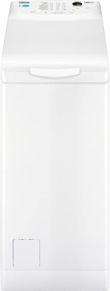 Zanussi ZWQ61265CE Máquina de lavar livre instalação, carregamento superior, 6 kg/1200 rpm, 8 programas, programa rápido em 20 minutos, início diferido, auto-posicionamento Tambor, branco,