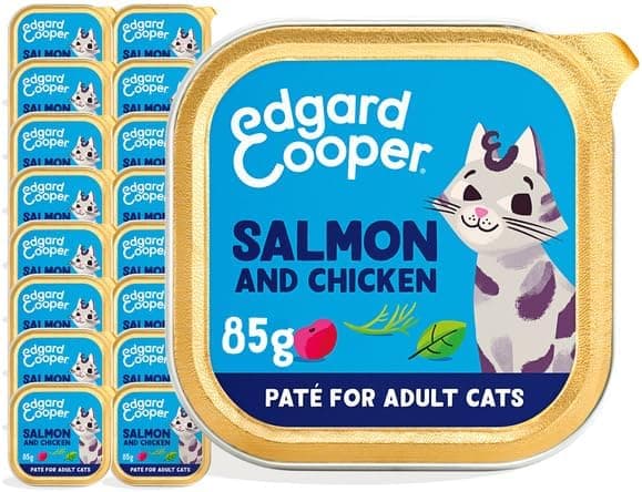 Edgard & Cooper Comida húmida gatos, adultos, (salmão e frango, 85 g x 16), gato para gatos, comida para gatos esterilizados e ativos, sem cereais, ingredientes naturais, carne fresca, hipoalergénico