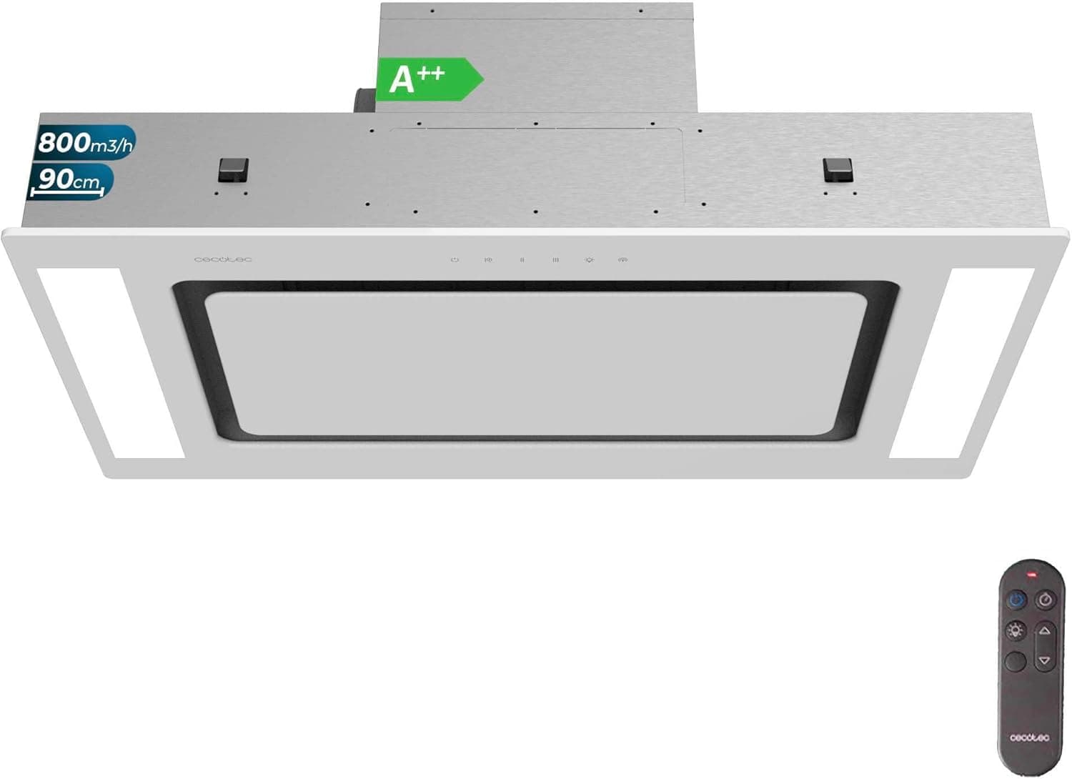 Cecotec Bolero Flux Tir 908000 | Exaustor de teto em vidro branco com controlo remoto e filtro de carvão, 800 m3/h, 90 cm