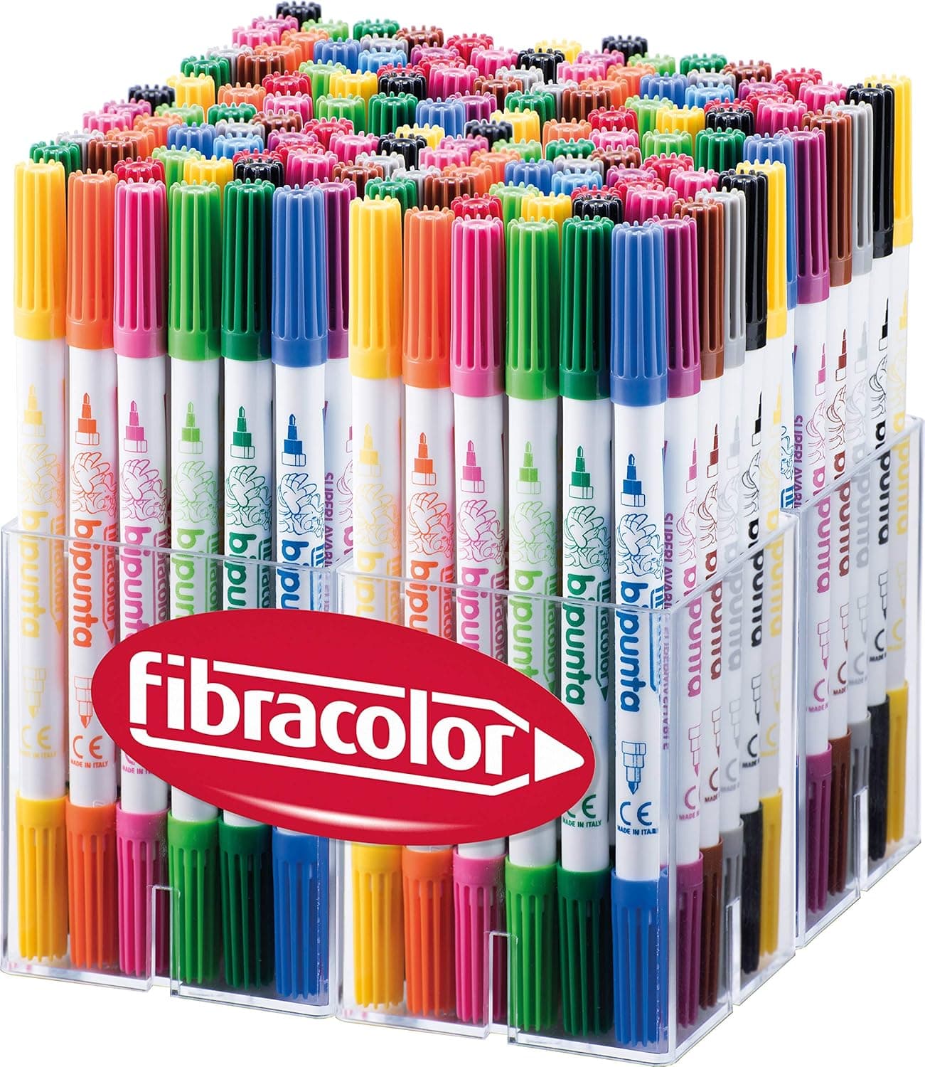 FIBRACOLOR Marcadores bipontos, multicaixas, 144 unidades, 12 unidades de 12 cores, ponta cónica e ponta fina, duplo traço de escrita, super laváveis