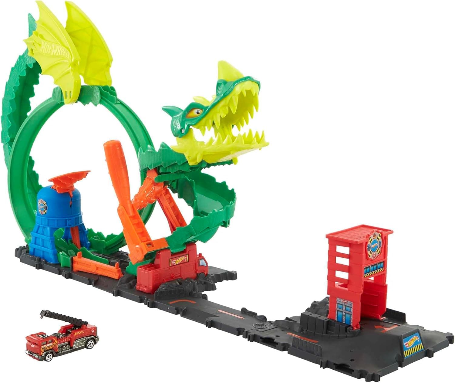 Hot Wheels City Ataque do dragão pista para carros de brinquedo com estação e camião de bombeiros, 5 anos (Mattel HJV70)