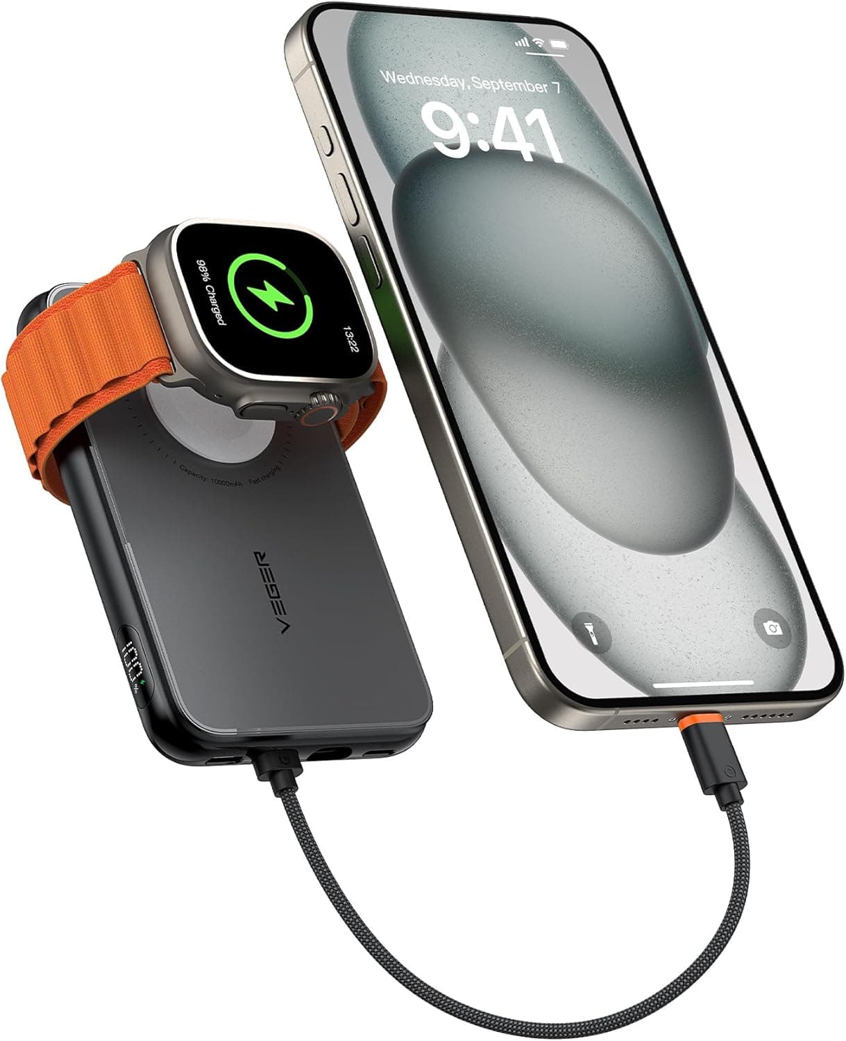 VEGER Bateria externa de carregamento rápido, 10000 mAh Power Bank, cabo de conexão bidirecional incorporado de iPhone a tipo C, bateria portátil para iPhone, Apple Watch, Smartphones Type C, Samsung,