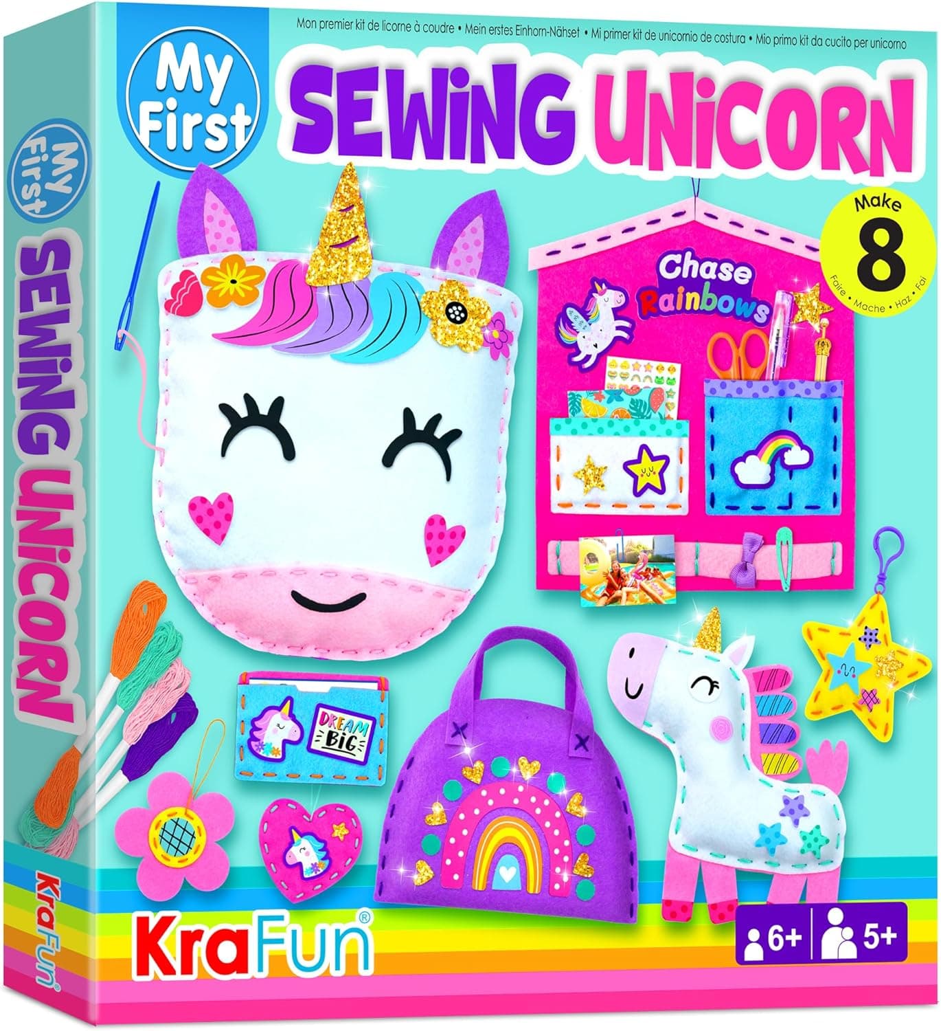 KRAFUN Kit de costura unicórnio para crianças 5 anos, 5 projetos Fai da Te (boneco, almofada, saco), feltro, instruções, brinquedo educativo