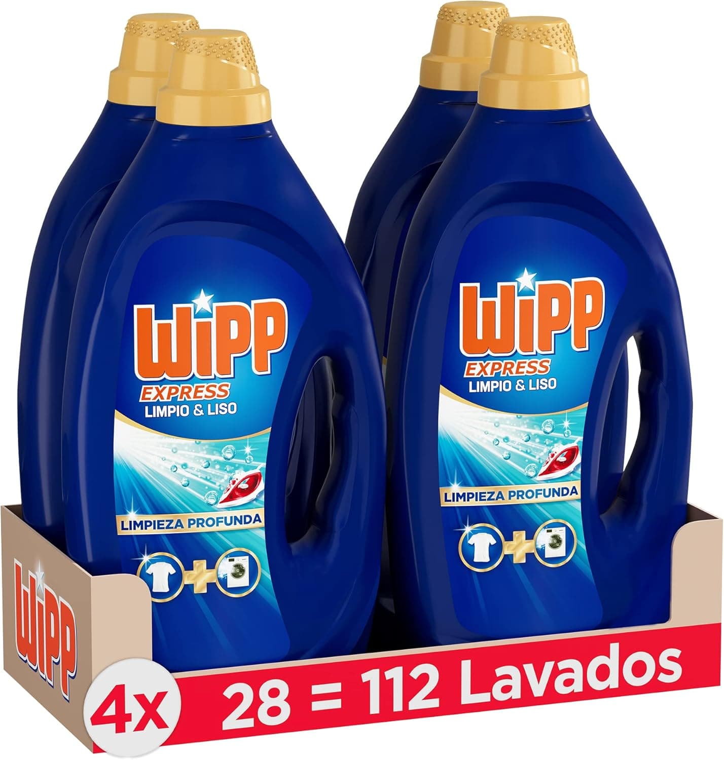 Wipp Express Clean and Smooth | Detergente líquido para roupa sem perfume pack de 4 com 28 doses cada, 112 lavagens