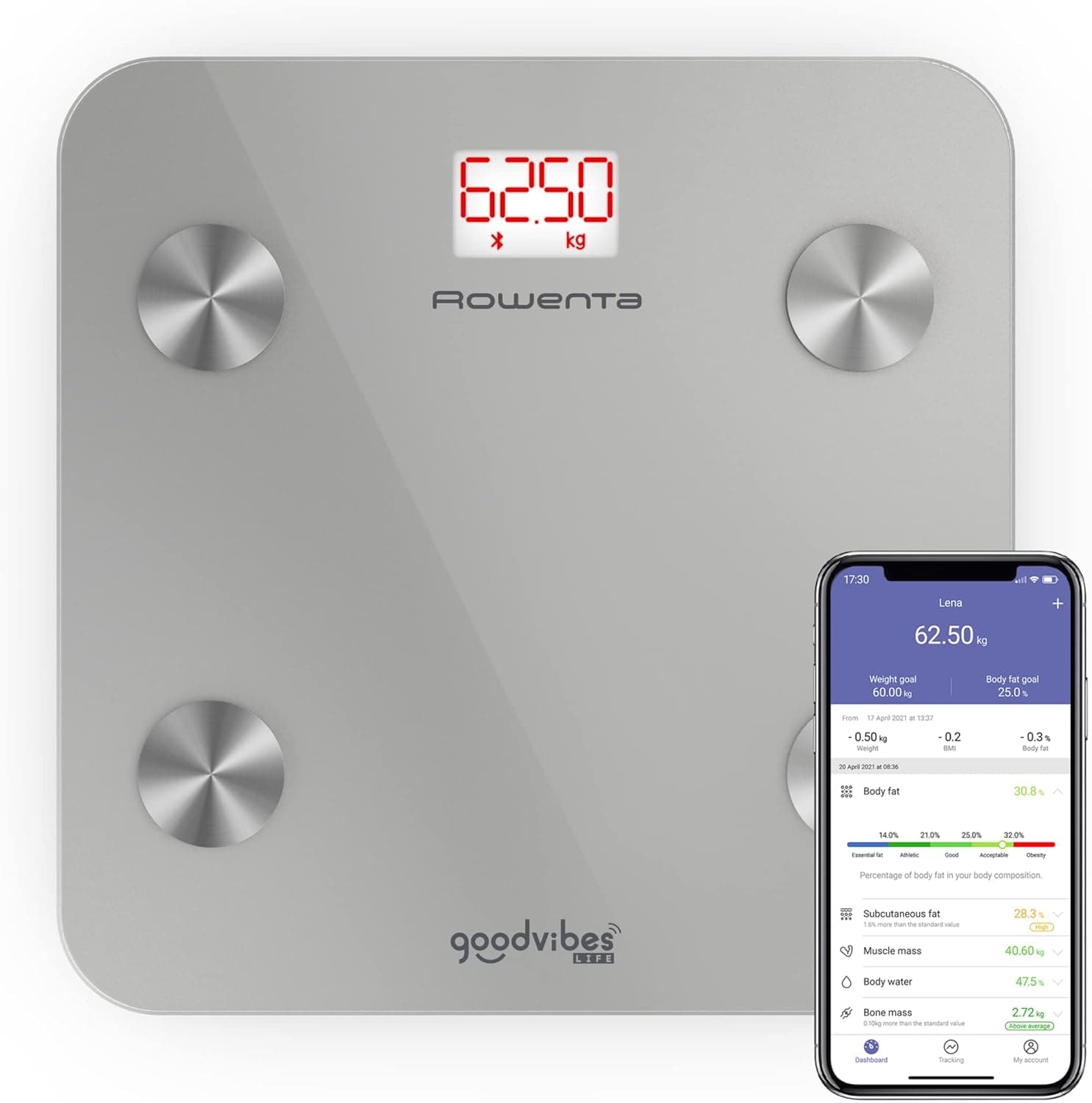 Rowenta Goodvibes Life BR9600 - Balança de casa de banho inteligente com medidor de gordura corporal e IMC, grande ecrã LED, plataforma de vidro, até 160 kg de capacidade
