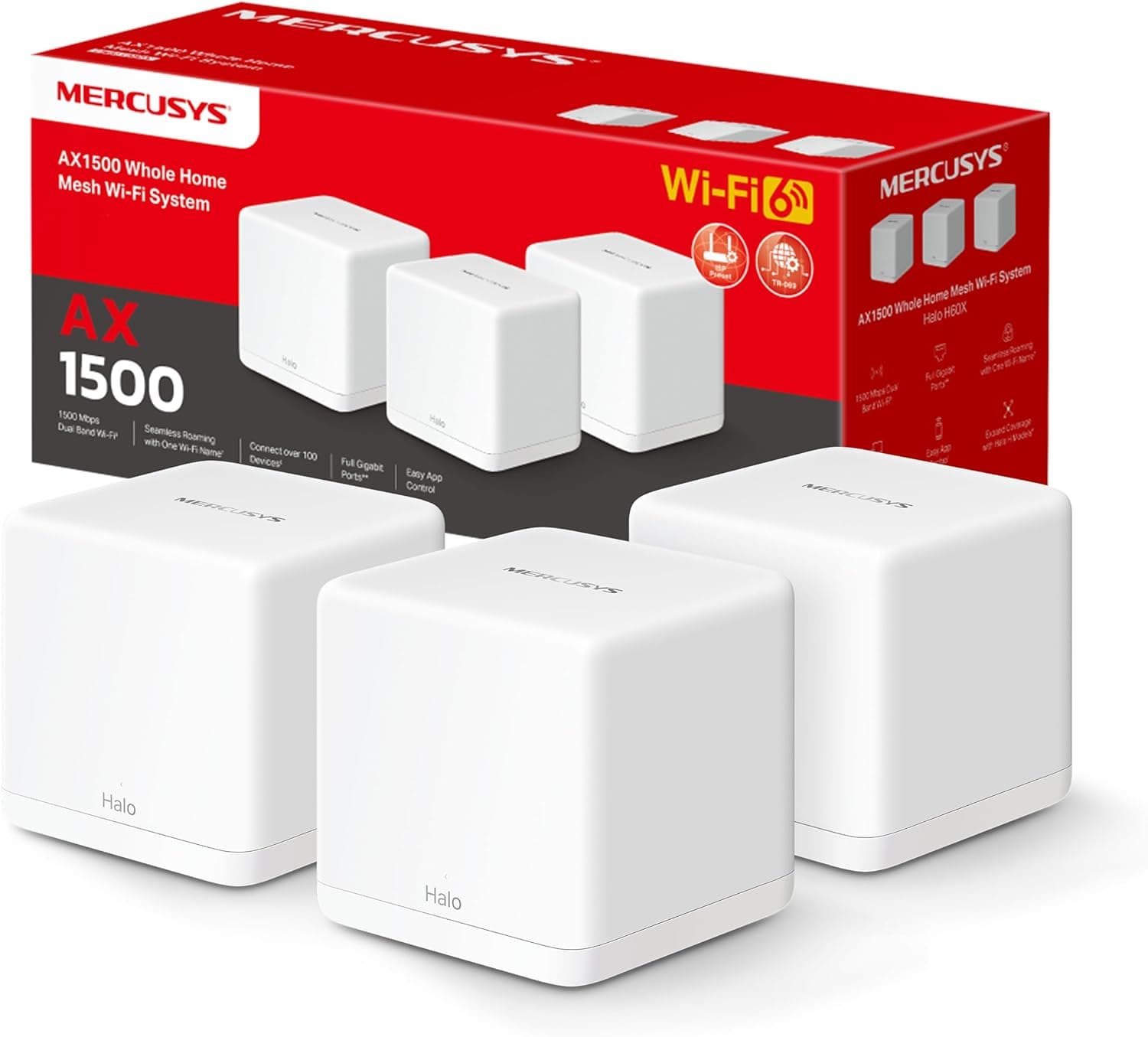 MERCUSYS Halo H1500X (3-Pack)-AX1500 Sistema WiFi 6 Mesh, 3 portas Gigabit Ethernet, conecta até 150 dispositivos, controlo parental, cobertura até 5500 M², F. Configuração fácil