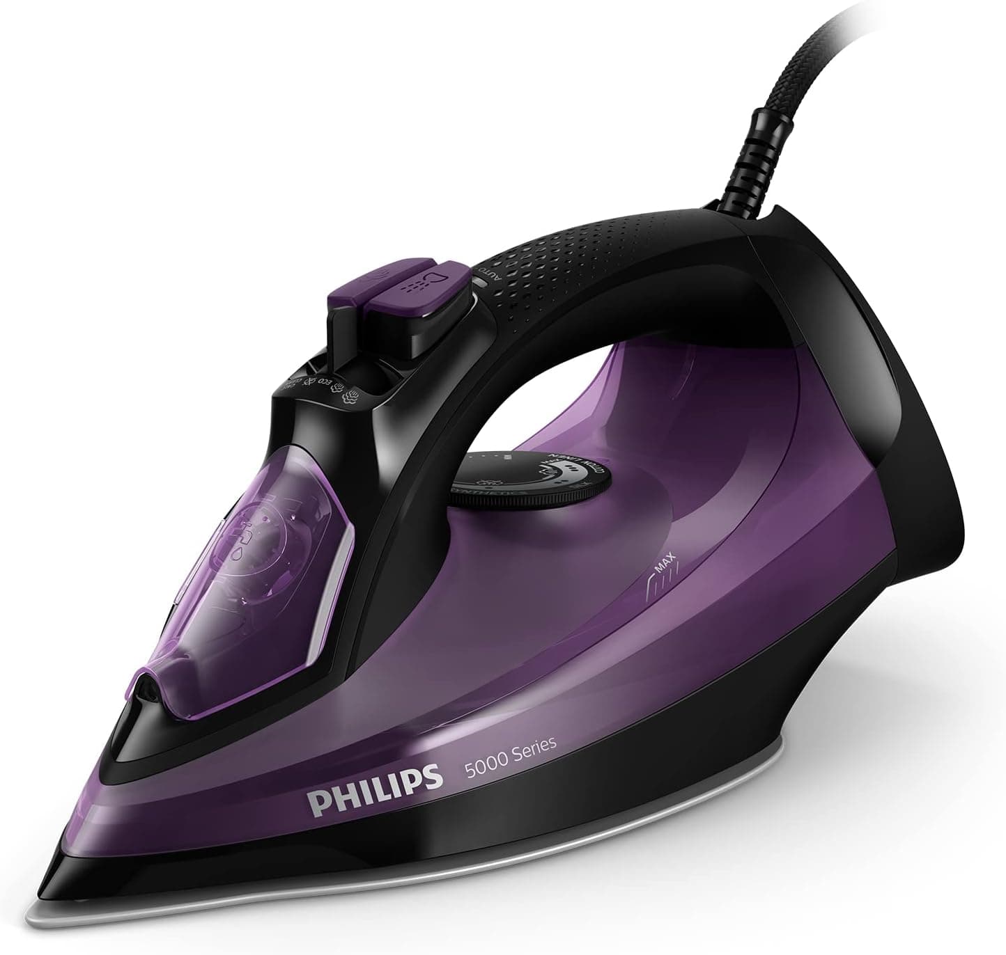 Philips 5000 Ferro a vapor 2400 W, 45 g/min, golpe de vapor 180 g, vapor vertical, sola SteamGlide Plus, preto/roxo (DST5030/80)