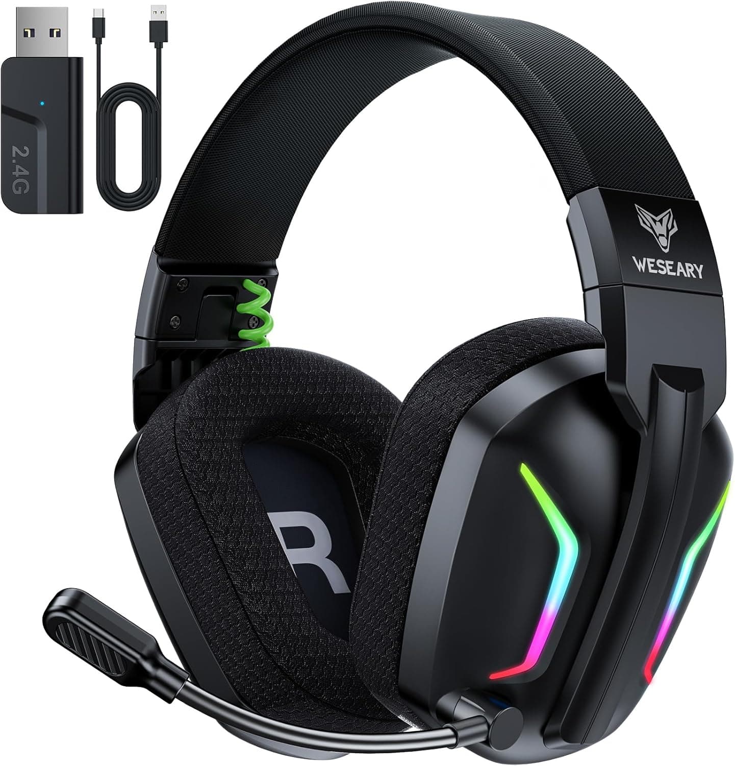 WESEARY WG1 Capacetes Gaming sem fios para PS5, PS4, PC, Switch, som estéreo auriculares com microfone, capacetes com luz LED, duração 50 HR +