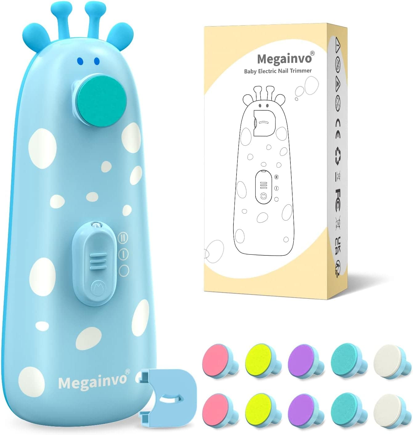 Megainvo Lima de unhas para bebés, corta-unhas elétricas com 10 cabeças moídas, luz LED, 1 capa anti-pó para recém-nascidos e crianças, azul