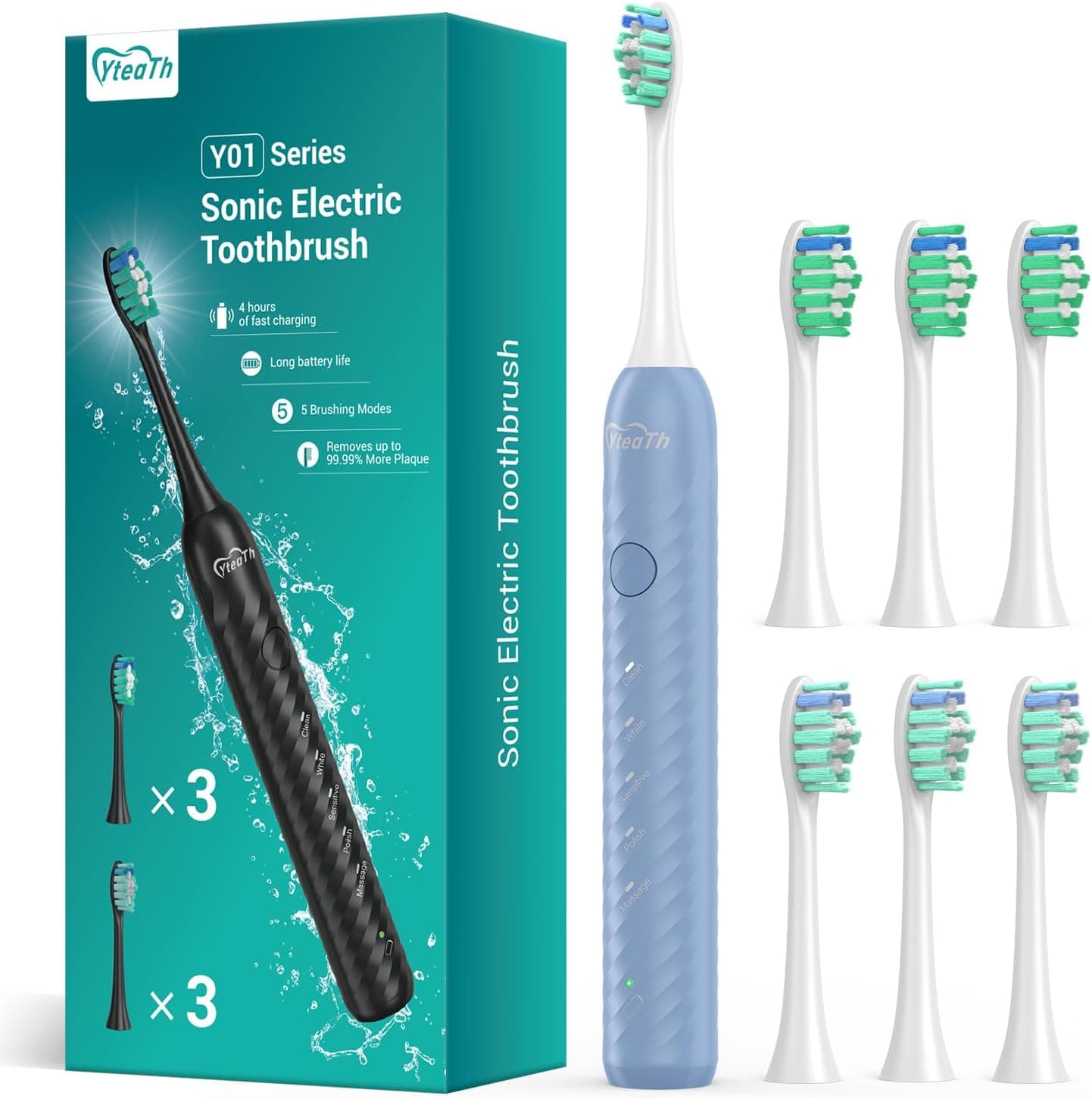 Escova de dentes elétrica para adultos com 6 cabeças de escova, escova de dentes sónica recarregável, bateria de longa duração, 4 horas de carregamento e 180 dias de uso, azul