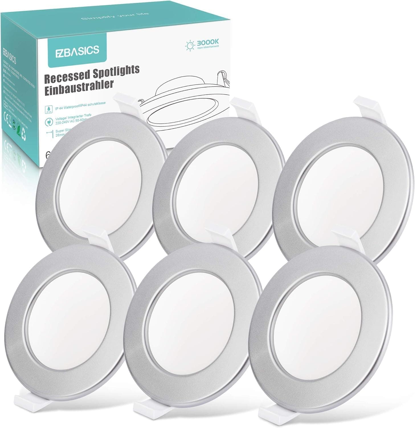 Conjunto de 6 pacotes LED embutidos, 6 W, 450 LED, 26 mm de profundidade, foco de teto impermeável, branco quente 3000 K, CA 220 V-240 V, branco
