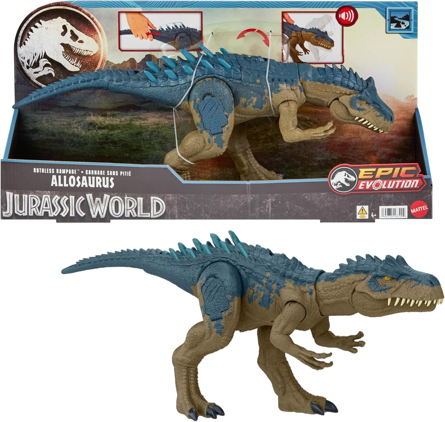 Mattel Jurassic World Alosaurus dinossauro de brinquedo com sons, ataque com impactos, 4 anos, HRX51