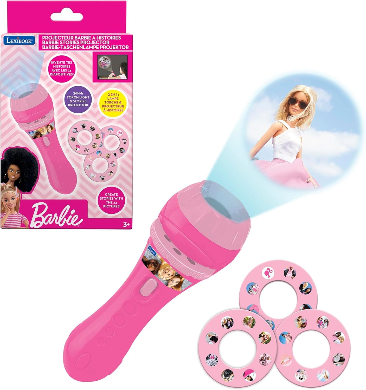 LEXIBOOK Lanterna Barbie e projetor com 3 discos, 24 imagens, crie as suas próprias contas, S (LTC050BB)