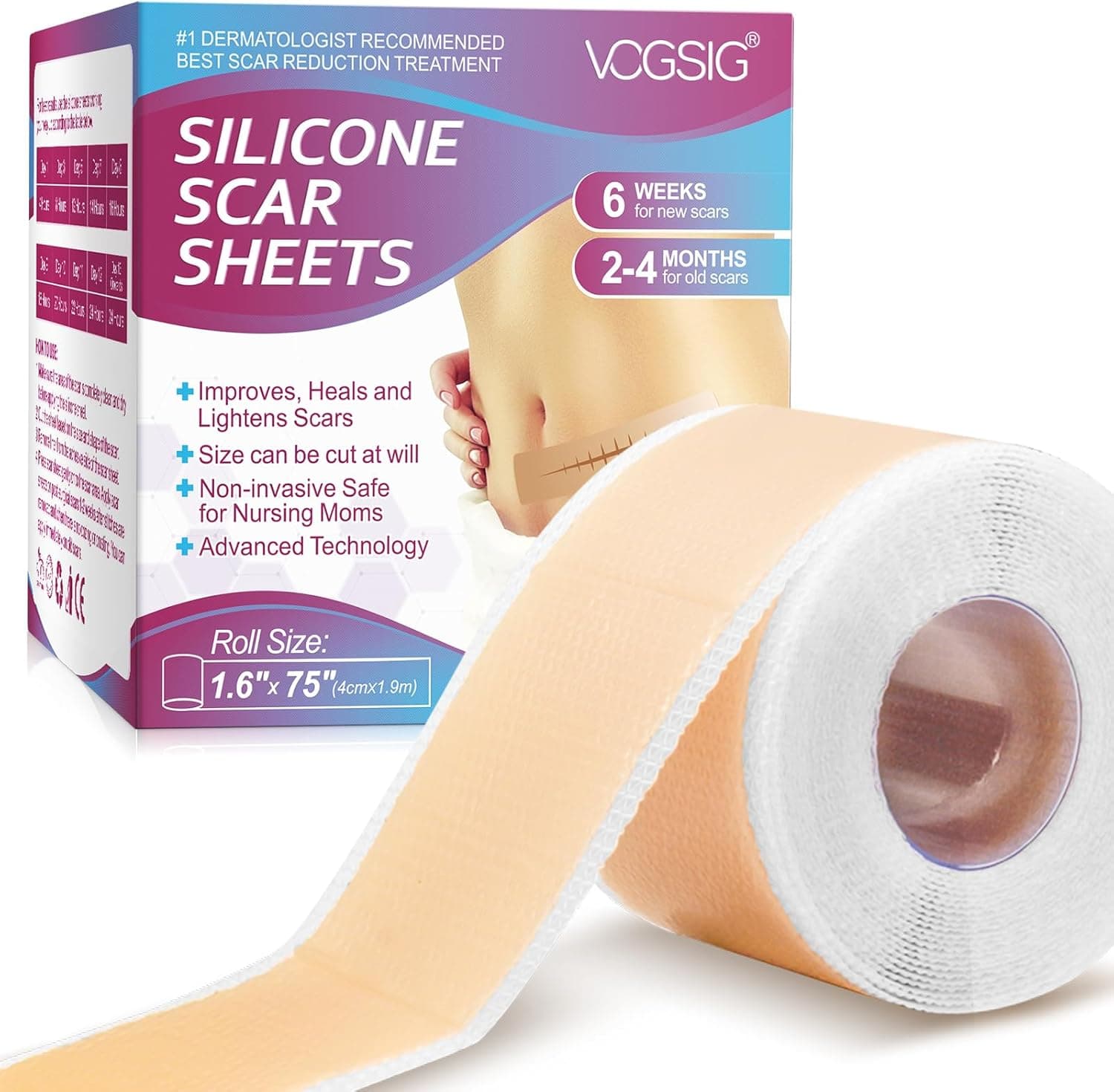 Folhas de silicone de primeira qualidade para cicatrizes, tratamento profissional flexível para cicatrizes de cesariana, quelóides, cicatrizes cirúrgicas, fita eficaz para cicatrizes (4 cm x 1,9 m)