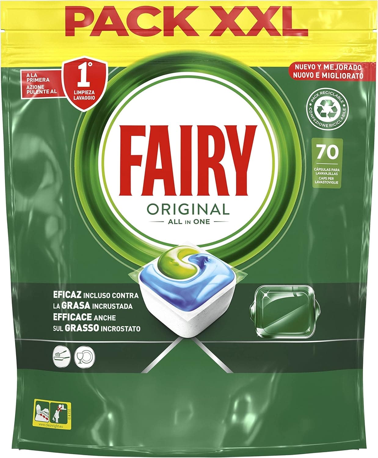 Fairy, Original Tudo em um comprimidos de máquina de lavar louça, 70 cápsulas de lavar louça, elimina gordura seca, detergente máquina de lavar louça com aroma limpo e fresco